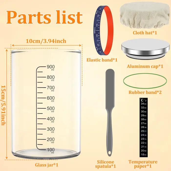Pot de démarrage à levain 900ml, récipient de démarrage, pot en verre transparent et accessoire, fou