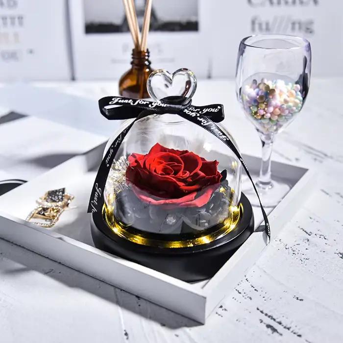 Rose éternelle naturelle en verre avec lampe, fleurs conservées de beauté, cadeaux de mariage pour t