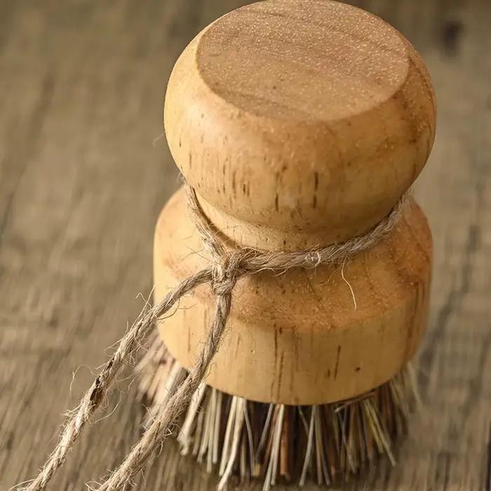 Brosse de lavage en bois massif à manche court, outil de lavage de pot en sisal, outil de réservatio