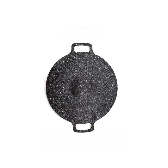 Poêle ronde antiadhésive pour barbecue coréen, poêle à crêpes à Double manche en fonte, plaque ronde