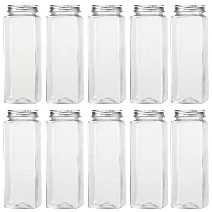 Pots en plastique transparent avec couvercle en aluminium, bouteilles carrées en l'horloge, beaucoup