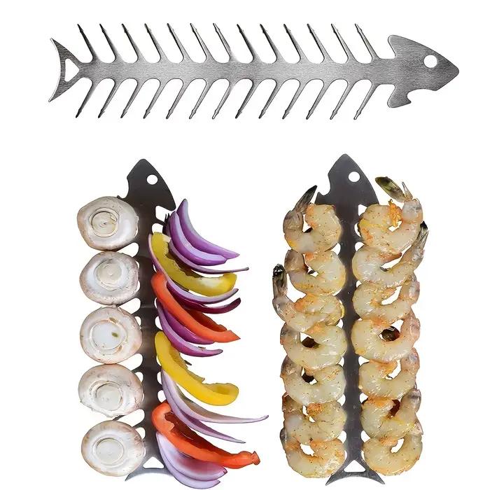 2 brochettes de barbecue en acier inoxydable - Forme d'arête de poisson - Parfaites pour griller du 