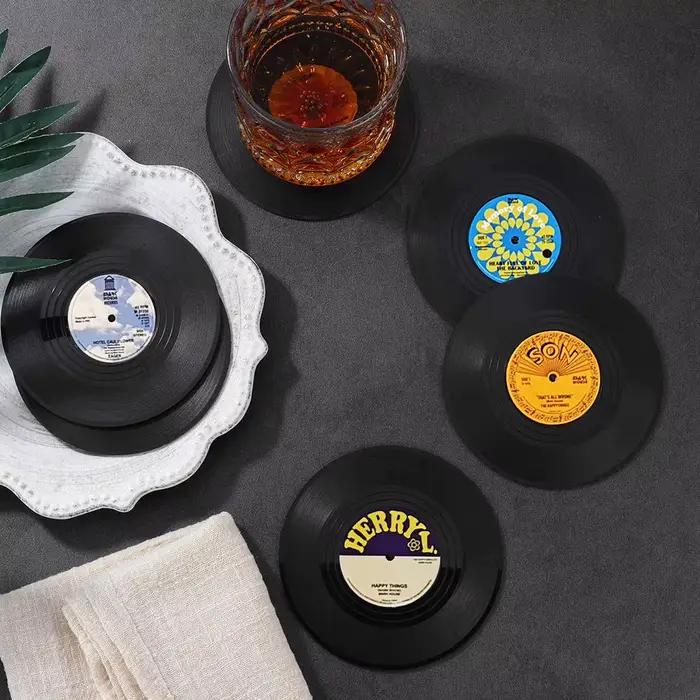 Ensemble de 6 sous-verres en vinyle pour boissons, sous-verres de musique avec support pour lecteur 