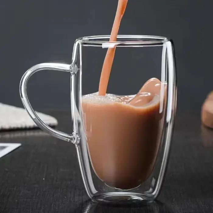 Tasse en verre Borosilicate transparent à Double paroi, résistante à la chaleur, avec poignée, pour 