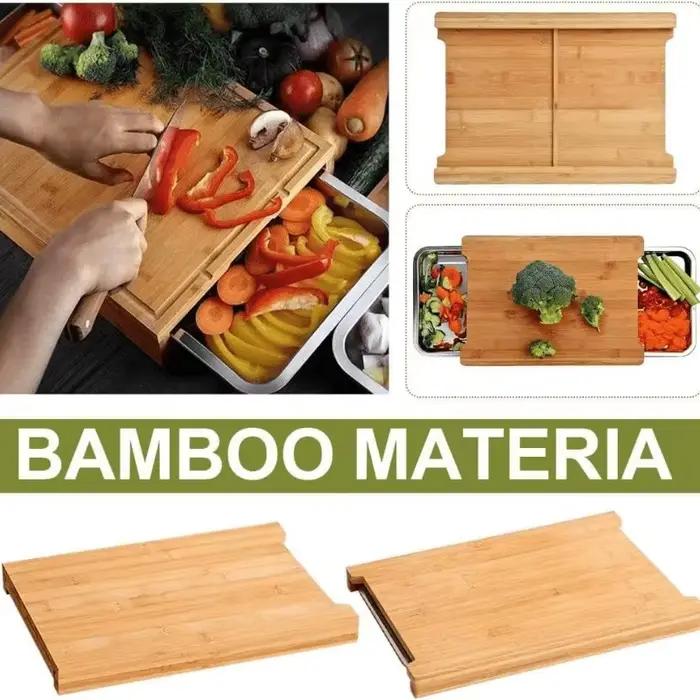 Planche à découper multifonctionnelle en bambou avec plateau coulissant, idéale pour la viande, les 