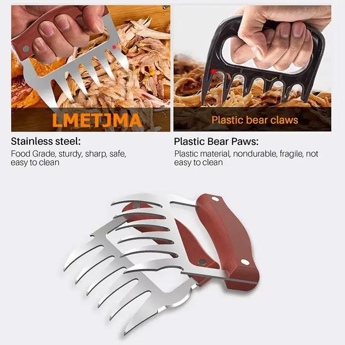 LMETJMA griffes d'ours en acier inoxydable BBQ viande broyeur griffes avec manche en bois ouvre-bout