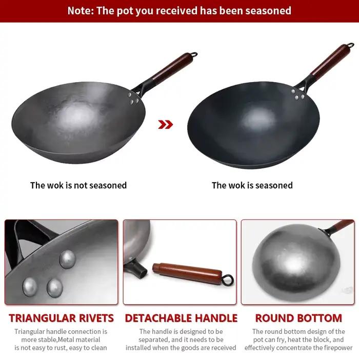 Wok traditionnel en fer, Woks sans revêtement forgé à la main pour poêle de cuisine manche en bois W