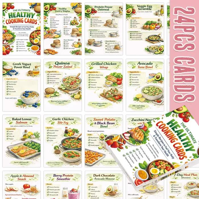 24 cartes de recettes de cuisine avec liste d'épicerie et conseils sur l'alimentation saine, cartes 