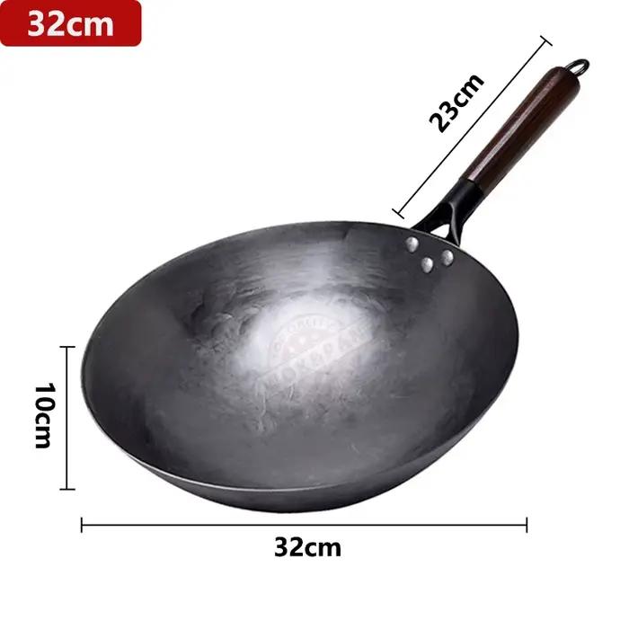 Wok en fer 32/34/36cm, Wok traditionnel sans revêtement forgé à la main avec manche en bois détachab