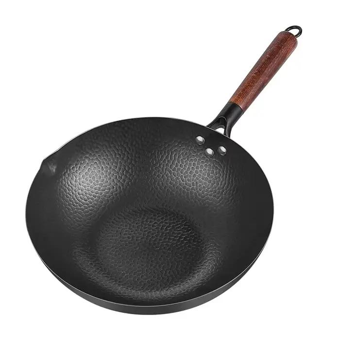 Wok artisanal en fer de 32cm, Wok traditionnel martelé à la main en acier au carbone chinois, Pot en