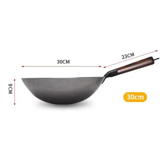 Wok traditionnel en fer, Woks sans revêtement forgé à la main pour poêle de cuisine manche en bois W