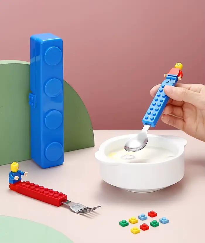 304 inoxydable enfants drôle fourchette cuillère ensemble enfants bloc de construction jouets dessin