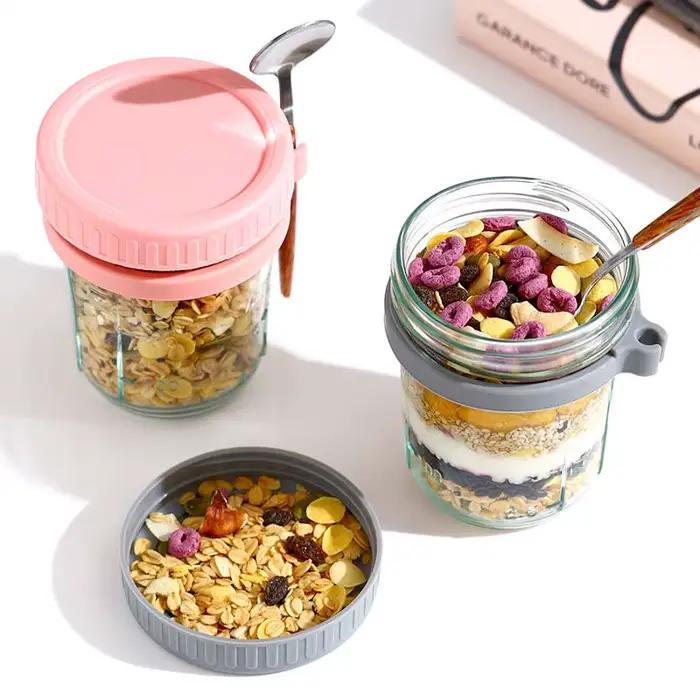 Récipient d'avoine de nuit avec couvercle et cuillère Portable petit déjeuner avoine céréales noix y