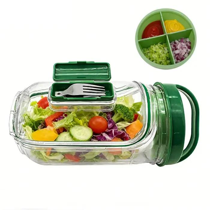 Conteneur à salade portable avec fourchette et gobelet à sauce à 4 compartiments, bol à salade anti-