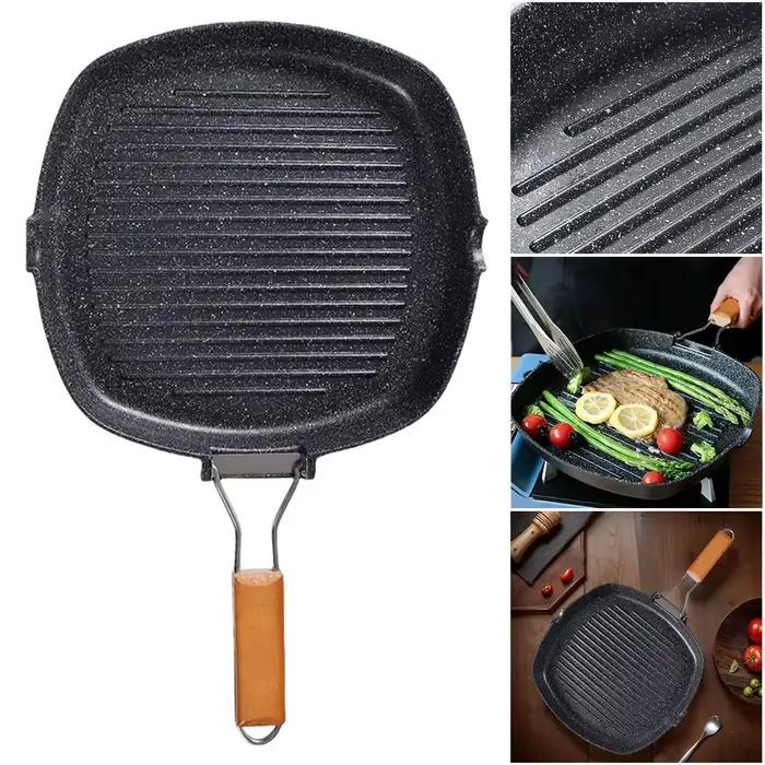 Poêle à gril d'extérieur Portable pliable, manche en bois Anti-brûlure, poêle à Steak Double face po