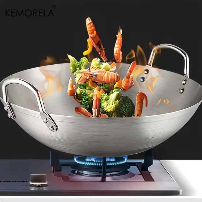 Wok en acier inoxydable non revêtu, 26/28/30/32/34cm, poêle de Chef à Double poignée de haute qualit