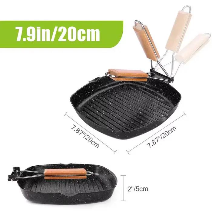 Poêle à griller antiadhésive pour steak, poêle à frire polyvalente avec manche en bois, poêle à gril
