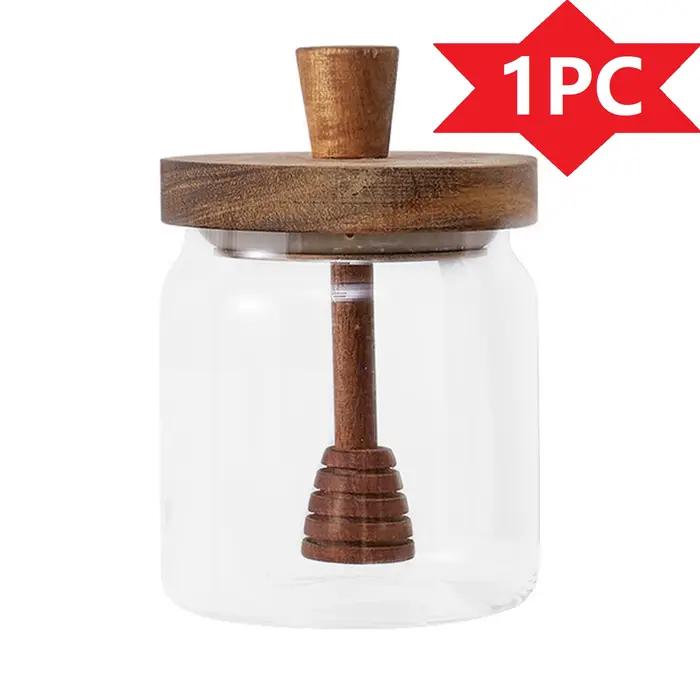 Pot à miel avec couvercle en bois, réservoir scellé en verre, tige de mélange, bâtons de trempage en