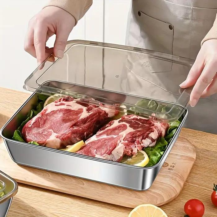 Récipient de stockage des aliments en acier inoxydable, plat rectangulaire avec couvercle, plateau à