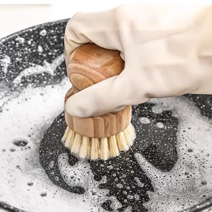 Brosse de lavage en bois massif à manche court, outil de lavage de pot en sisal, outil de réservatio