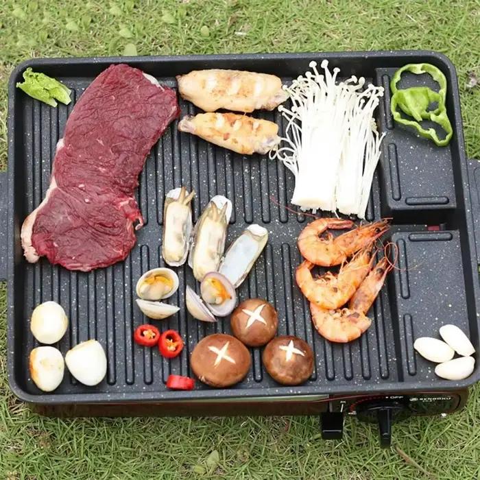 Plaque de cuisson BBQ portable 32 x 26 cm avec revêtement antiadhésif pour réchaud à gaz butane