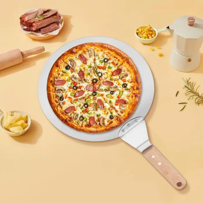 Pelle à pizza antiadhésive en acier inoxydable avec manche en bois