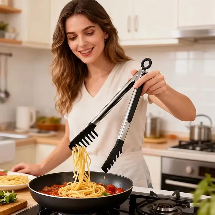 Pinces alimentaires à long manche de 10 pouces pour pâtes, salade et spaghettis, pinces à griller en acier inoxydable avec poignée résistante à la chaleur