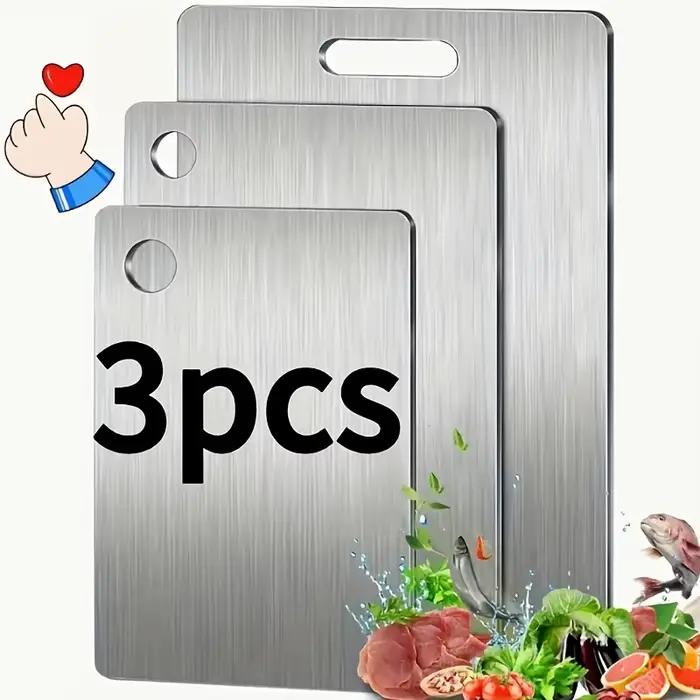 Planches à découper en acier inoxydable 3 pièces - Sans BPA, compatibles lave-vaisselle, antidérapantes, avec rainure pour les jus, antirouille et gain de place