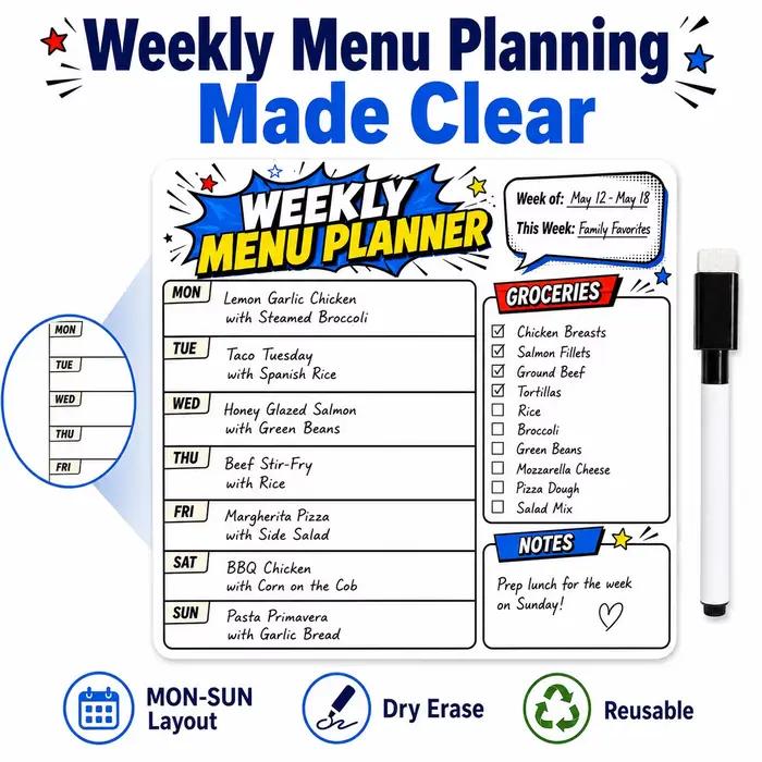 Autocollant de planification de menu hebdomadaire effaçable à sec pour réfrigérateur, avec 1 marqueur effaçable, tableau de planification des repas réutilisable pour la cuisine