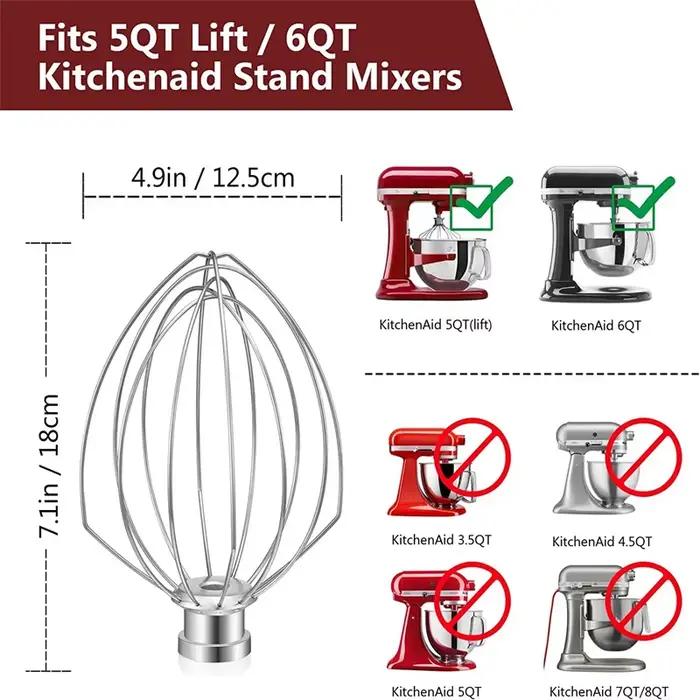 Accessoires fouet à 6 fils compatibles avec le batteur KitchenAid 5Plus-6Quart, accessoires pour batteur sur socle à bol relevable, 6-quarts en acier inoxydable