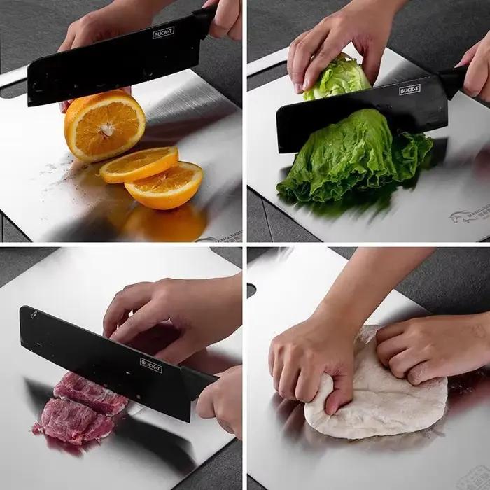 Planche à découper en acier inoxydable pour la maison, anti-rouille, facile à nettoyer, résistante à l'usure, accessoire de préparation de cuisine multifonctionnel