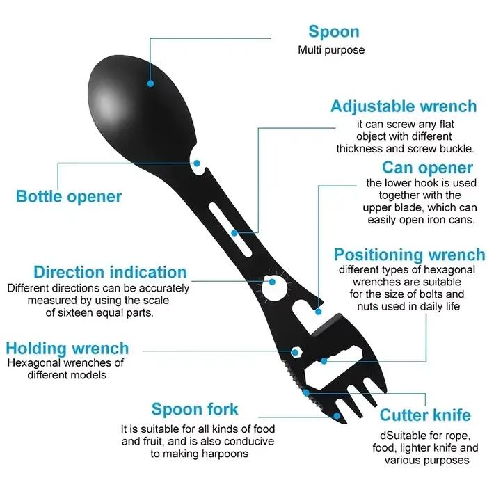 Spork multifonctionnel 10 en 1 : cuillère à ustensile portable en acier inoxydable, ouvre-boîte, couteau dentelé, clé, indicateur de direction