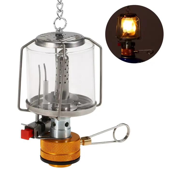 Lanterne à gaz portable pour le camping en plein air, allumage piézoélectrique, mini lampe de tente à gaz avec 3 mèches et adaptateur, lanterne à gaz portable