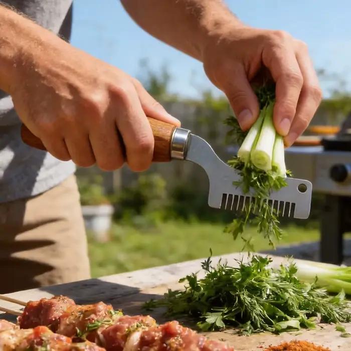Hachoir à manche en bois bleu ciel pour hacher herbes ail et oignons verts pour cuisine maison et plats de fête