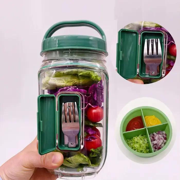 Conteneur à salade portable avec fourchette et gobelet à sauce à 4 compartiments bol anti-fuite pour déjeuner voyages et pique-niques