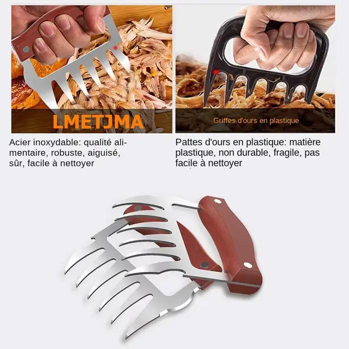 Griffes d'ours en acier inoxydable LMETJMA pour barbecue et manipulation de viande avec manche en bois ouvre-bouteille pour occasions familiales et rassemblements