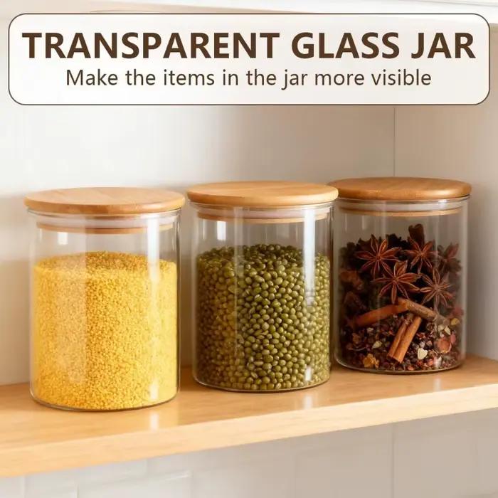 Pot en verre transparent avec couvercle en bois scellé, récipient de stockage alimentaire multifonctionnel, pot de stockage pour thé, bonbons, épices
