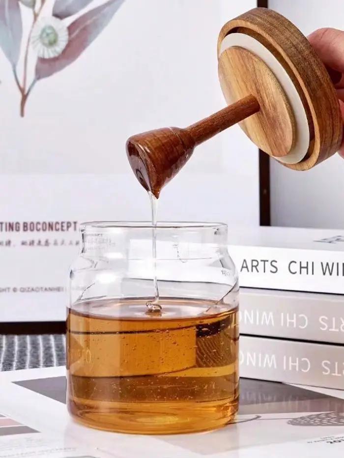 1/3 bouteilles de stockage en verre, pots à miel avec cuillère et couvercle, contenants à miel à large ouverture, distributeur de sirop pour le stockage du miel et du sirop