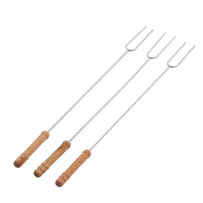 Bâton de rôtissage multifonctionnel en acier inoxydable avec manche en bois de hêtre, fourcommuniste pour barbecue en plein air, camping, 47.2cm, 3 pièces