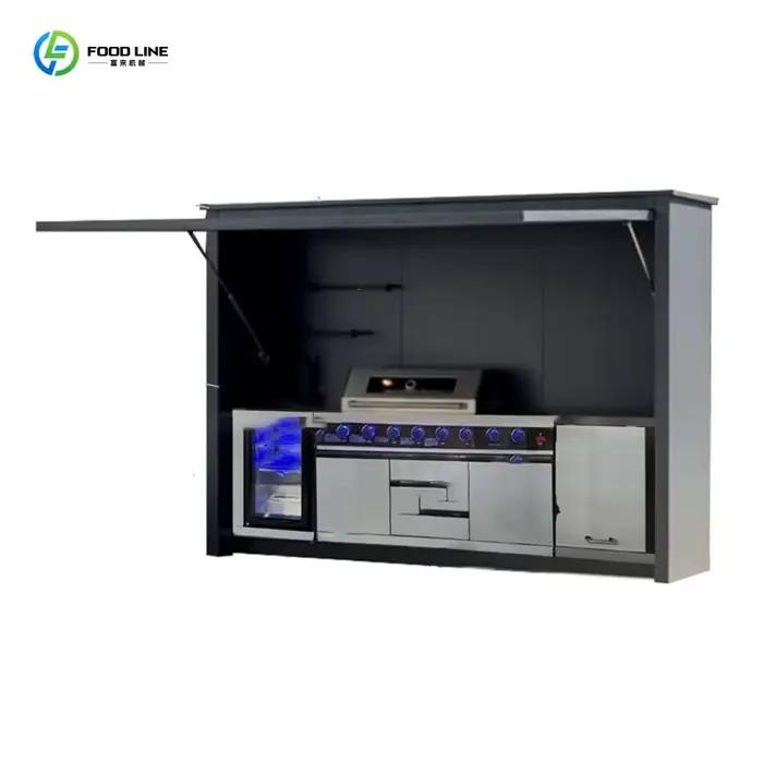 Cuisine extérieure moderne haut de gamme personnalisée, écologique, avec armoires modulaires en aluminium, grill, évier, réfrigérateur et cuisinière à gaz 6 brûleurs