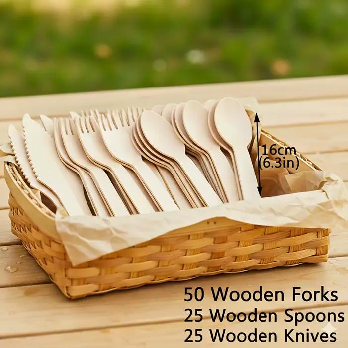 Un ensemble de couverts en bois de qualité supérieure – 100/200 ustensiles jetables (50/100 fourchettes, 25/50 couteaux, 25/50 cuillères), adaptés aux événements et aux services de restauration, compr