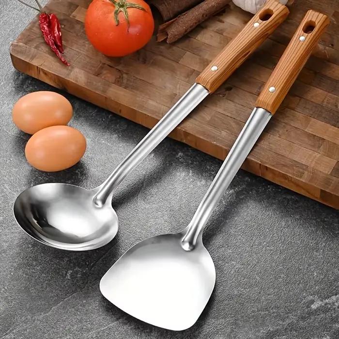 Ensemble d'ustensiles de cuisine en acier inoxydable avec manche en bois : spatule pour wok