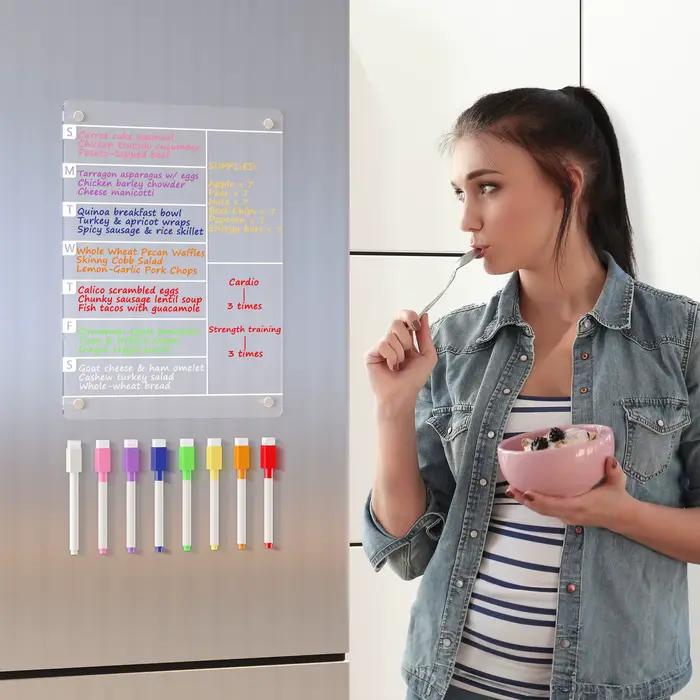 Tableau de menu magnétique planificateur de repas en acrylique transparent avec marqueurs aimants pour organisation de la cuisine et gestion des menus semestriels