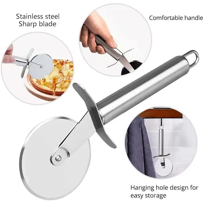 Lot de 5 outils de cuisine en acier inoxydable : roulette à pizza, spatule à gâteau de lune, spatule à gaufres, coupe-pâte à biscuits, coupe-pâte manuel pour pizza