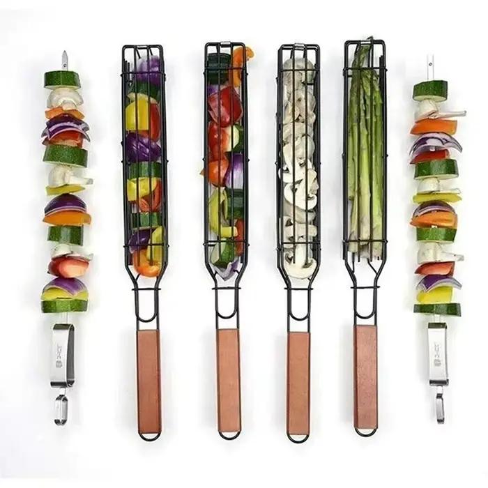 Manche en bois barbecue cage grill net portable antiadhésif barbecue accessoires camping charbon de bois barbecue grill extérieur