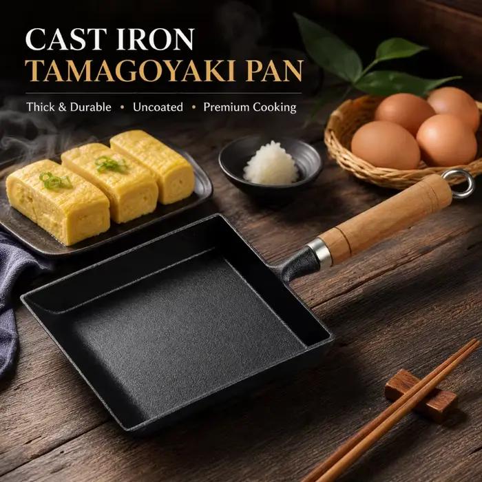 Poêle à frire Tamagoyaki antiadhésive noire pour œufs et crêpes, avec couvercle, compatible gaz et induction, en fonte japonaise