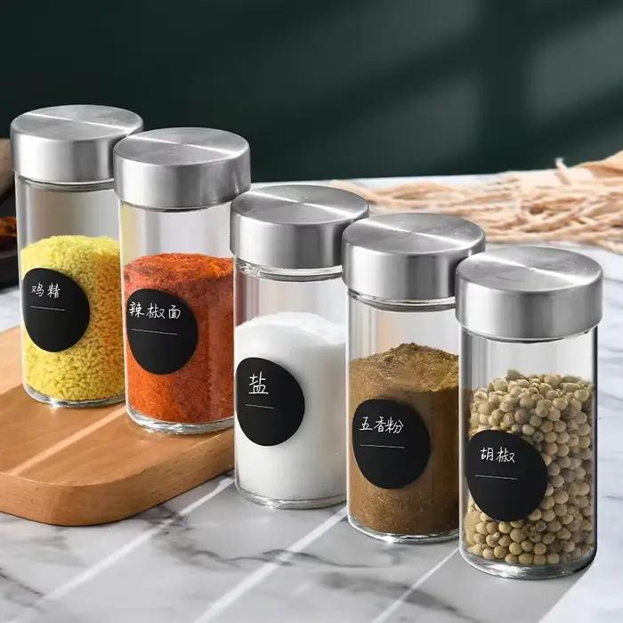 Bocal d'assaisonnement en verre avec couvercle en acier inoxydable, bouteille de stockage d'essence jetable, pot à épices de camping, sel Belle, cuisine, 3 pièces