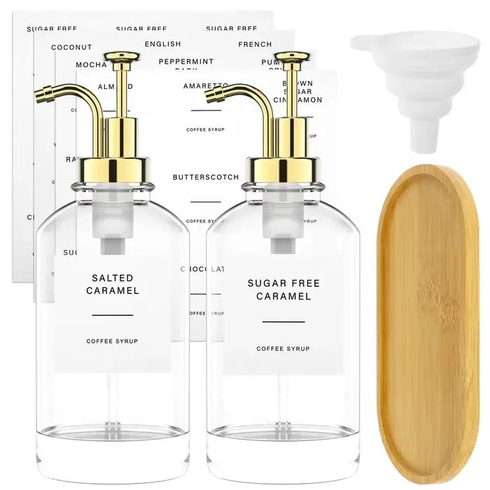 Ensemble distributeur de sirop de café, bouteille de sirop en verre de 500ml avec étiquettes autocollantes d'entonnoir, récipient de sirop de café transparent, distributeurs à pompe