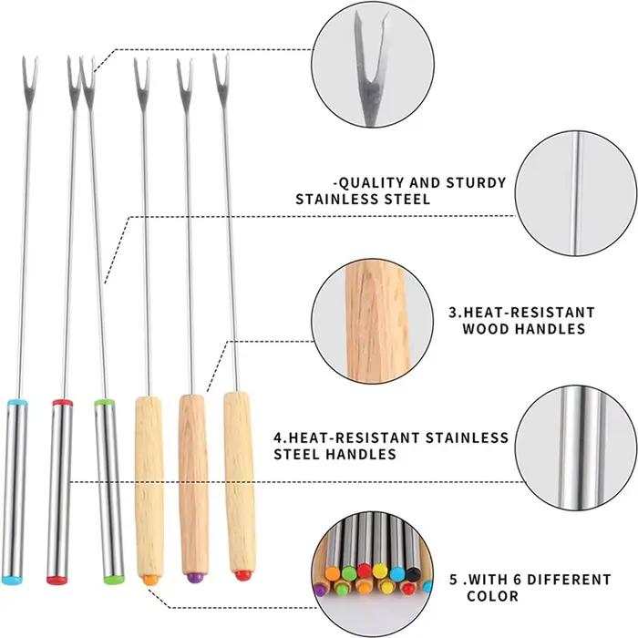 Paquet de 8 fourchettes à Fondue en acier inoxydable, 12 poignées en bois et 12 poignées en acier inoxydable, bâtons pour Smores résistants à la chaleur, ABUN-48