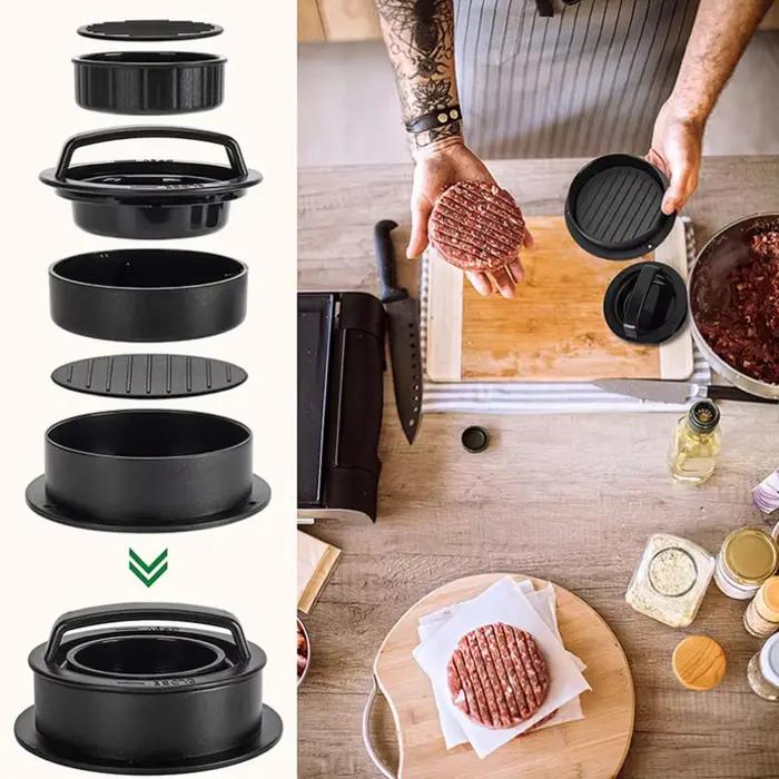 Presse à viande pour hamburger, presse à comprimés de hamburger antiadhésive trois en un, purée de viande résistante à la chaleur-facile à découper et à nettoyer-durable